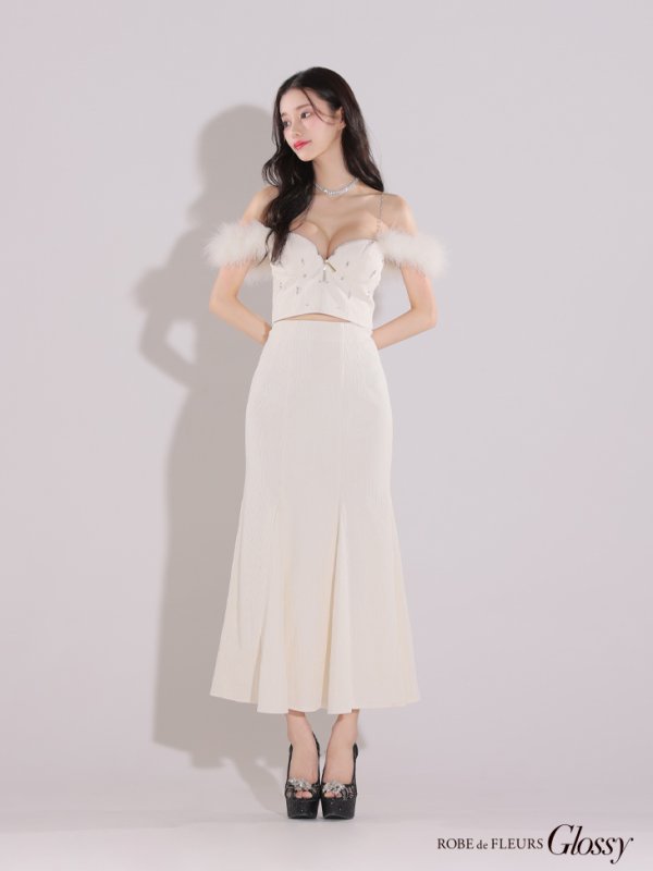 画像15: XS-Lサイズあり【Glossy/グロッシー】フェザーショルダー/ ビジュー/ リブ/ ロングドレス/ キャバドレス long[OF08]