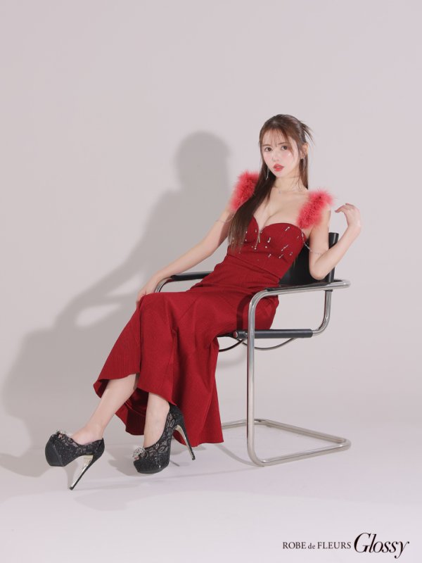 画像28: XS-Lサイズあり【Glossy/グロッシー】フェザーショルダー/ ビジュー/ リブ/ ロングドレス/ キャバドレス long[OF08]