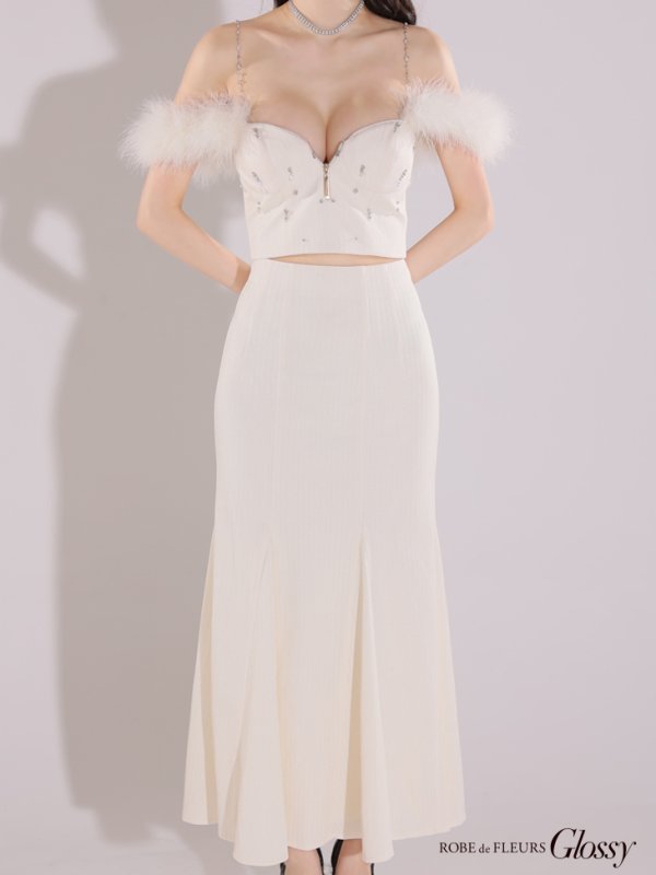 画像17: XS-Lサイズあり【Glossy/グロッシー】フェザーショルダー/ ビジュー/ リブ/ ロングドレス/ キャバドレス long[OF08]