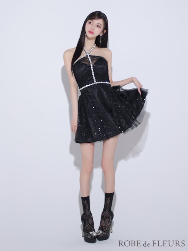 画像4: XSサイズあり【ROBE de FLEURS/ローブドフルール】バレエコア/ ラメチュール/ ビジュー/ フレア/ ミニドレス/ キャバドレス[OF08]