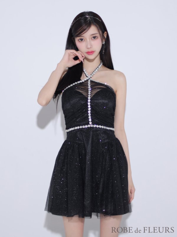 画像5: XSサイズあり【ROBE de FLEURS/ローブドフルール】バレエコア/ ラメチュール/ ビジュー/ フレア/ ミニドレス/ キャバドレス[OF08]