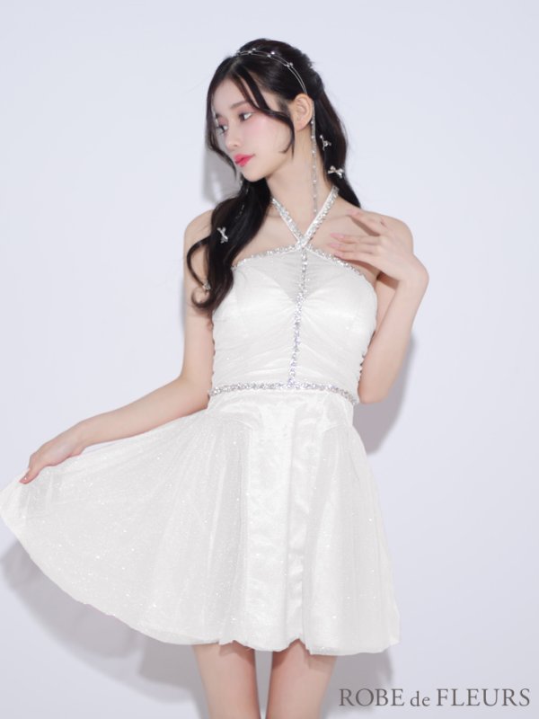 画像8: XSサイズあり【ROBE de FLEURS/ローブドフルール】バレエコア/ ラメチュール/ ビジュー/ フレア/ ミニドレス/ キャバドレス[OF08]