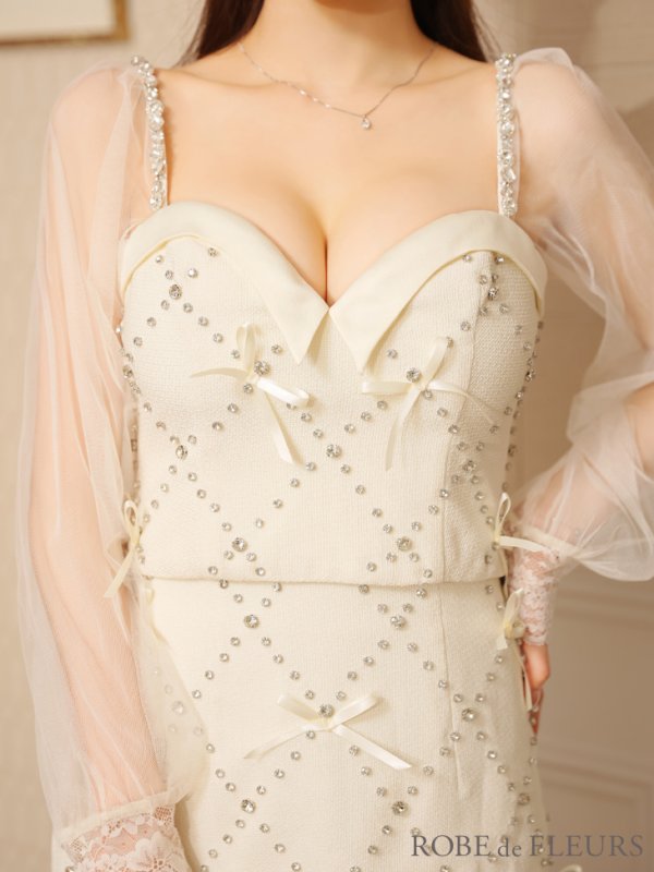 画像5: XSサイズあり【ROBE de FLEURS/ローブドフルール】袖チュール/ ランダムリボン/ セットアップ/ ミニドレス/ キャバドレス[OF08]