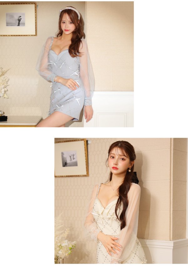 画像10: XSサイズあり【ROBE de FLEURS/ローブドフルール】袖チュール/ ランダムリボン/ セットアップ/ ミニドレス/ キャバドレス[OF08]