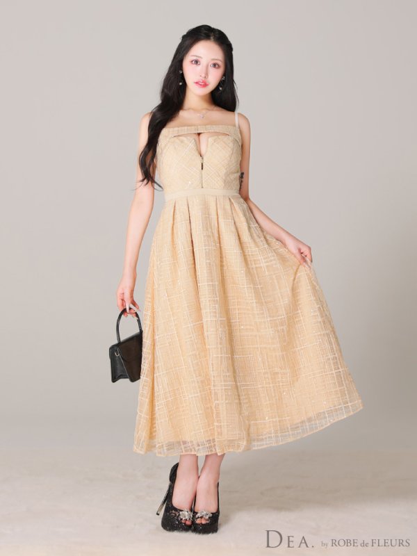 画像4: Lサイズあり【DEA./ディア】デコルテジップ/ チェック/ レース/ フレア/ ミモレ丈/ ミディアムドレス/ キャバドレス[OF08]