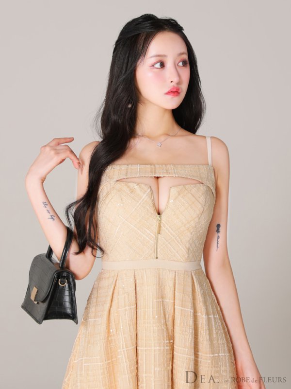 画像5: Lサイズあり【DEA./ディア】デコルテジップ/ チェック/ レース/ フレア/ ミモレ丈/ ミディアムドレス/ キャバドレス[OF08]