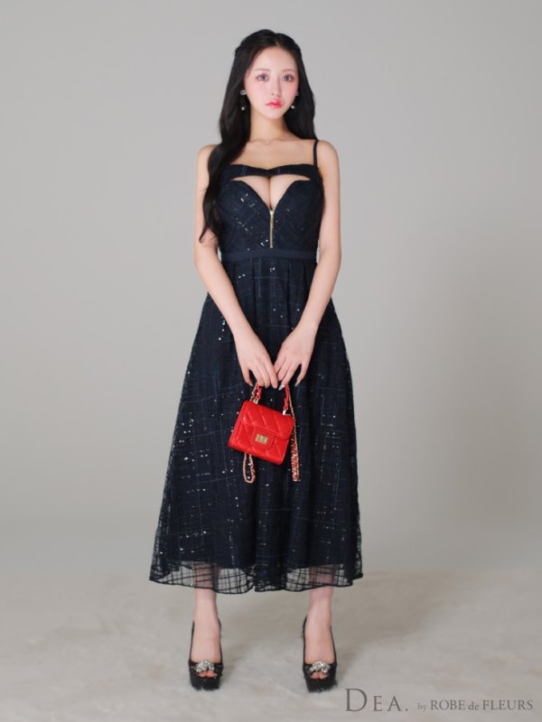 画像6: Lサイズあり【DEA./ディア】デコルテジップ/ チェック/ レース/ フレア/ ミモレ丈/ ミディアムドレス/ キャバドレス[OF08]