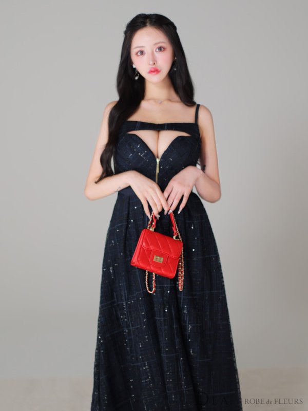 画像7: Lサイズあり【DEA./ディア】デコルテジップ/ チェック/ レース/ フレア/ ミモレ丈/ ミディアムドレス/ キャバドレス[OF08]