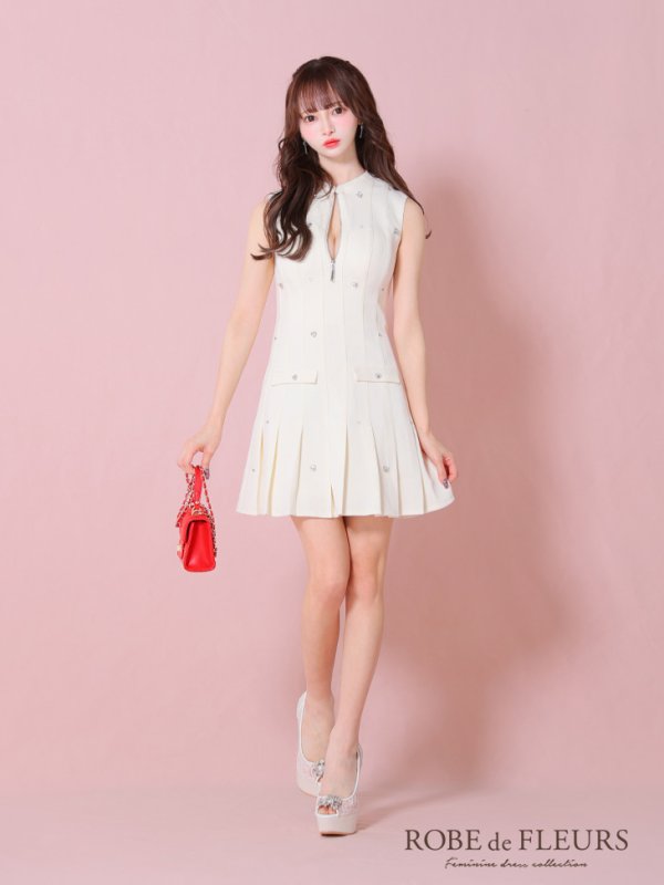 画像7: XSサイズあり【ROBE de FLEURS/ローブドフルール】ハートビジュー/ バストジップ/ プリーツ/ フレア/ ミニドレス/ キャバドレス[OF08]