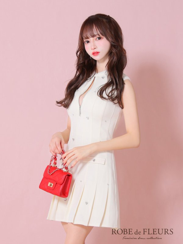 画像8: XSサイズあり【ROBE de FLEURS/ローブドフルール】ハートビジュー/ バストジップ/ プリーツ/ フレア/ ミニドレス/ キャバドレス[OF08]