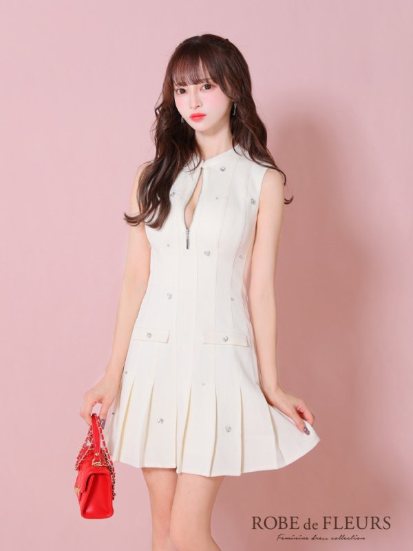 画像9: XSサイズあり【ROBE de FLEURS/ローブドフルール】ハートビジュー/ バストジップ/ プリーツ/ フレア/ ミニドレス/ キャバドレス[OF08]