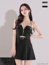 XSサイズあり【ROBE de FLEURS Glossy/ローブ・ド・フルール グロッシー】2way/ ストライプ/ バストジップ/ ベルトデザイン/ フレア/ ミニドレス/ キャバドレス[OF2]【一部予約商品/6月中旬発送予定】