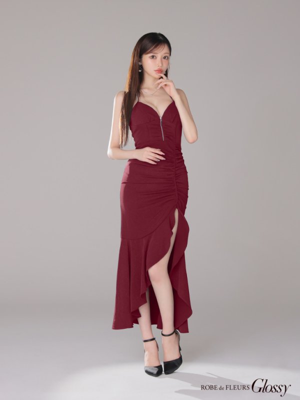 画像21: XSサイズあり【Glossy/グロッシー】ラメ/ フリル/ スリット/ キャミ/ ロングドレス/ キャバドレス long[OF08]