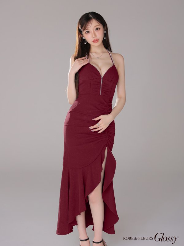 画像23: XSサイズあり【Glossy/グロッシー】ラメ/ フリル/ スリット/ キャミ/ ロングドレス/ キャバドレス long[OF08]