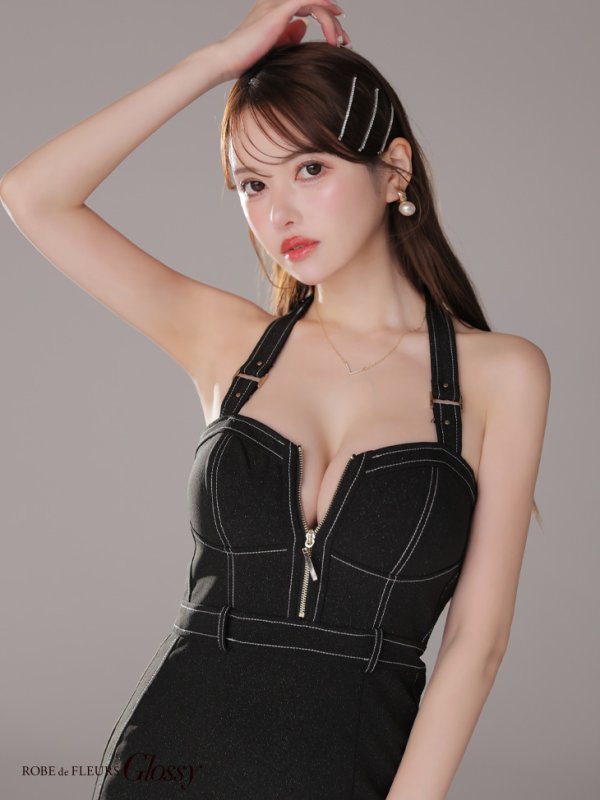 画像11: XSサイズあり【Glossy/グロッシー】バックリボンホルター/ ステッチ/ バストジップ/ タイト/ ミニドレス/ キャバドレス[OF08]