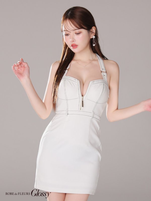 画像7: XSサイズあり【Glossy/グロッシー】バックリボンホルター/ ステッチ/ バストジップ/ タイト/ ミニドレス/ キャバドレス[OF08]