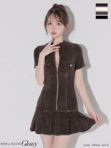 【予約商品/11月中旬発送予定】XSサイズあり【Glossy/グロッシー】起毛ニット/ ジップアップ/ 半袖/ プリーツ/ フレア/ ミニドレス/ キャバドレス[OF08]