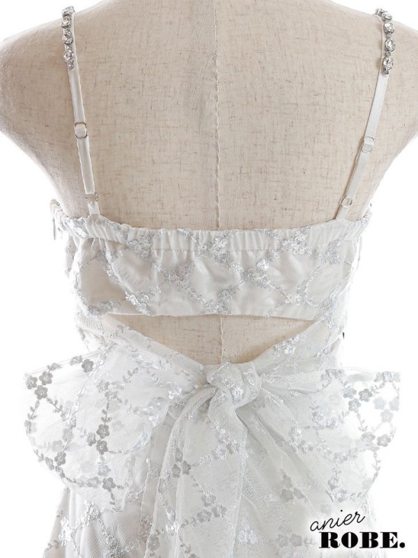 画像10: XSサイズあり【ANIER./アニエル】【ROBE de FLEURS/ローブドフルール】スパンコール付きレース/  キャミソール/ バックカットアウト/ リボン/ 台形スカート/ ミニドレス/ キャバドレス[OF08]