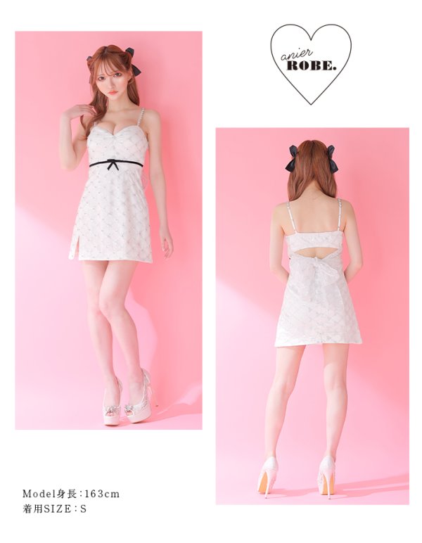 画像2: XSサイズあり【Anier ROBE./アニエルローブ】【ROBE de FLEURS/ローブドフルール】スパンコール付きレース/  キャミソール/ バックカットアウト/ リボン/ 台形スカート/ ミニドレス/ キャバドレス[OF08]