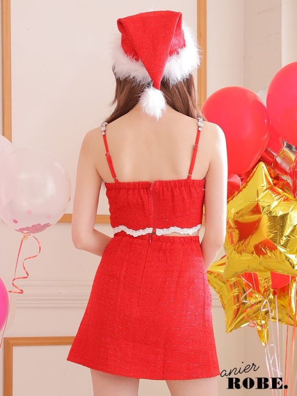 画像9: 【即日発送】XSサイズあり【ANIER./アニエル】【ROBE de FLEURS/ローブドフルール】ツイード/ ツーピース/ 2ピース/ セットアップ/ サンタ/ クリスマス/ ミニドレス/ キャバドレス[帽子付き・胸元のファー取り外し可能][OF08]
