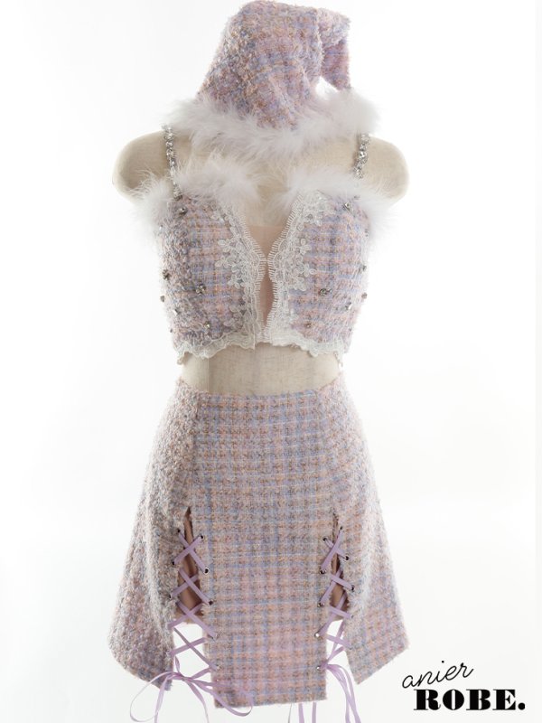 画像12: 【即日発送】XSサイズあり【ANIER./アニエル】【ROBE de FLEURS/ローブドフルール】ツイード/ ツーピース/ 2ピース/ セットアップ/ サンタ/ クリスマス/ ミニドレス/ キャバドレス[帽子付き・胸元のファー取り外し可能][OF08]
