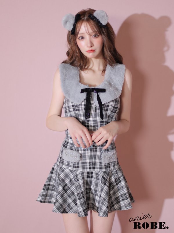 画像4: XSサイズあり【ANIER./アニエル】【ROBE de FLEURS/ローブドフルール】Fluffy cute check bear setup mini dress/ セットアップ/ 2ピース/ キャミソール/ コスプレ/ファー/ フレア/ ミニドレス/ キャバドレス[YMT]