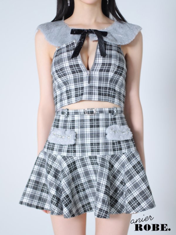 画像12: XSサイズあり【ANIER./アニエル】【ROBE de FLEURS/ローブドフルール】Fluffy cute check bear setup mini dress/ セットアップ/ 2ピース/ キャミソール/ コスプレ/ファー/ フレア/ ミニドレス/ キャバドレス[YMT]