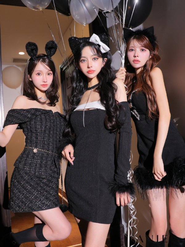 画像2: XSサイズあり【ANIER./アニエル】【ROBE de FLEURS/ローブドフルール】Sparkly ribbons voluminous fur cat ears halloween dress/ キャット/ コスプレ/ ミニドレス/ キャバドレス[OF02]