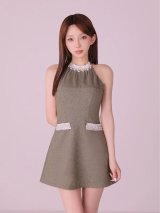 【予約商品/8月中旬発送予定】XSサイズあり【ANIER./アニエル】【ROBE de FLEURS/ローブドフルール】Glitter flannel halter pearl mini dress/ グリッター/ フランネル/ ホルター/ パール/ ミニドレス/ キャバドレス[OF08]