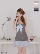 XSサイズあり【ANIER./アニエル】【ROBE de FLEURS/ローブドフルール】springstripe ribbon bare mini dress/ リボン/ バイカラー/ ベア/ フレア/ ミニドレス/ キャバドレス[OF08]