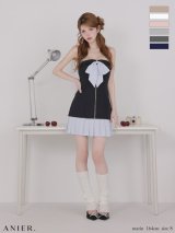 XSサイズあり【ANIER./アニエル】【ROBE de FLEURS/ローブドフルール】springstripe ribbon bare mini dress/ リボン/ バイカラー/ ベア/ フレア/ ミニドレス/ キャバドレス[OF08]