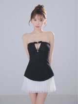 【予約商品/7月下旬発送予定】XSサイズあり【ANIER./アニエル】【ROBE de FLEURS/ローブドフルール】Twin Bow Layered Mini Dress/ ベア/ バイカラー/ レイヤード/ リボン/ プリーツ/ フレア/ ミニドレス/ キャバドレス[OF08]