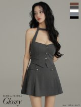 【予約商品/9月下旬発送予定】XSサイズあり【Glossy/グロッシー】ストーン付き/ ホルター/ シルバーボタン/ フレア/ セットアップ/ ミニドレス/ キャバドレス[OF08]