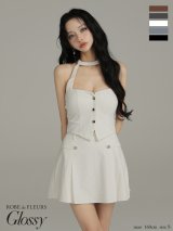 【予約商品/9月下旬発送予定】XSサイズあり【Glossy/グロッシー】ストーン付き/ ホルター/ シルバーボタン/ フレア/ セットアップ/ ミニドレス/ キャバドレス[OF08]