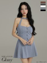 【予約商品/9月下旬発送予定】XSサイズあり【Glossy/グロッシー】ストーン付き/ ホルター/ シルバーボタン/ フレア/ セットアップ/ ミニドレス/ キャバドレス[OF08]