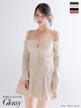 【予約商品/8月下旬発送予定】XSサイズあり【Glossy/グロッシー】オフショル/ ロングスリーブ/ ラメニット/ フレア/ ミニドレス/ キャバドレス[OF08]