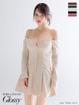 XSサイズあり【Glossy/グロッシー】オフショル/ ロングスリーブ/ ラメニット/ フレア/ ミニドレス/ キャバドレス[OF08]