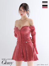 【予約商品/8月下旬発送予定】XSサイズあり【Glossy/グロッシー】オフショル/ ロングスリーブ/ ラメニット/ フレア/ ミニドレス/ キャバドレス[OF08]