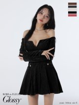 XSサイズあり【Glossy/グロッシー】オフショル/ ロングスリーブ/ ラメニット/ フレア/ ミニドレス/ キャバドレス[OF08]