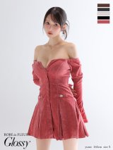 XSサイズあり【Glossy/グロッシー】オフショル/ ロングスリーブ/ ラメニット/ フレア/ ミニドレス/ キャバドレス[OF08]