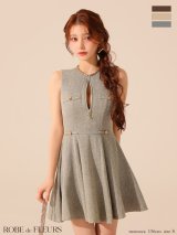 XSサイズあり【ROBE de FLEURS/ローブドフルール】ゴールドボタン/ ラメツイード/ バストジップ/ フレア/ ミニドレス/ キャバドレス【HC02】
