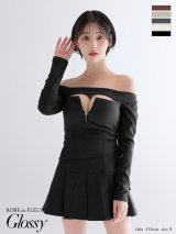 XSサイズあり【Glossy/グロッシー】オフショルダー/ ロングスリーブ/ バストカット/ フレア/ セットアップ/ ミニドレス/ キャバドレス[OF08]