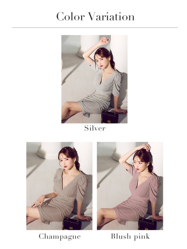 画像34: Lサイズあり【JEAN MACLEAN/ジャンマクレーン】袖あり/ 半袖/ タック/ ラメニット/ ワンカラー/ スリット/ タイト/ ひざ丈/ ミディアムドレス/キャバドレス【HC02】