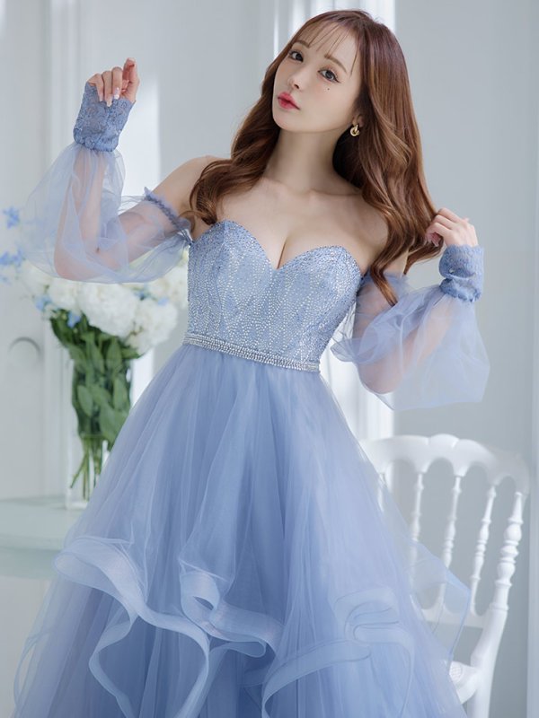 画像15: Lサイズあり【JEAN MACLEAN/ジャンマクレーン】 オフショル/ 2way/ ロングスリーブ/ レース/ 刺繍/ リボン/ プリンセス/ ロングドレス/ キャバドレス long【OF02】