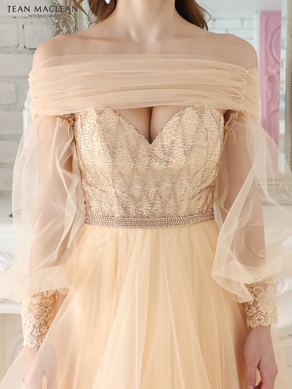 画像8: Lサイズあり【JEAN MACLEAN/ジャンマクレーン】 オフショル/ 2way/ ロングスリーブ/ レース/ 刺繍/ リボン/ プリンセス/ ロングドレス/ キャバドレス long【OF02】