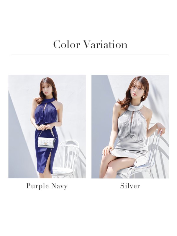 画像18: Lサイズあり【JEAN MACLEAN/ジャンマクレーン】シフォン/ プリーツ/ ハイネック/ アメリカンスリーブ/ ジップ/ タイト/ ひざ丈/ ミディアムドレス/ キャバドレス【HC02】