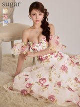 Lサイズあり【JEAN MACLEAN/ジャンマクレーン】フラワープリント/ オーガンジー/ ベア/ パフスリーブ/ 袖あり/ プリンセス/ Aライン/ ロングドレス / キャバドレス long[OF2A]