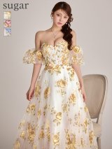 Lサイズあり【JEAN MACLEAN/ジャンマクレーン】フラワープリント/ オーガンジー/ ベア/ パフスリーブ/ 袖あり/ プリンセス/ Aライン/ ロングドレス / キャバドレス long[OF2A]