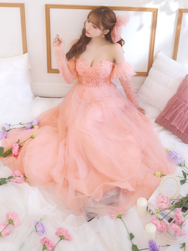 画像15: Lサイズあり【JEAN MACLEAN/ジャンマクレーン】2way/ 袖付き/ ラメ/ チュール/ ベア/ ビーズ刺繍/ フレア/ ロングドレス/ キャバドレス long[OF2A]