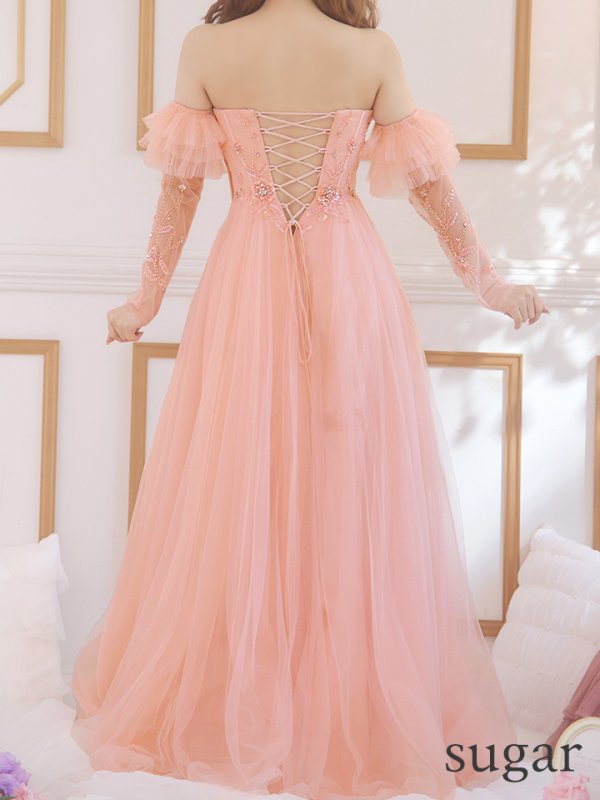 画像22: Lサイズあり【JEAN MACLEAN/ジャンマクレーン】2way/ 袖付き/ ラメ/ チュール/ ベア/ ビーズ刺繍/ フレア/ ロングドレス/ キャバドレス long[OF2A]